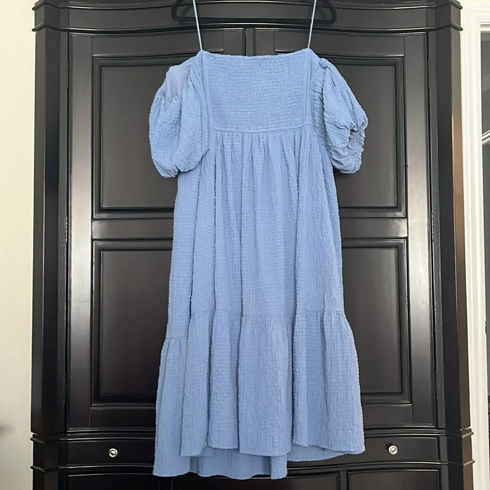 Abercrombie & Fitch Blue Puff off the shoulder Sleeve Midi Dress Emerson Poplin - Picture 4 of 5